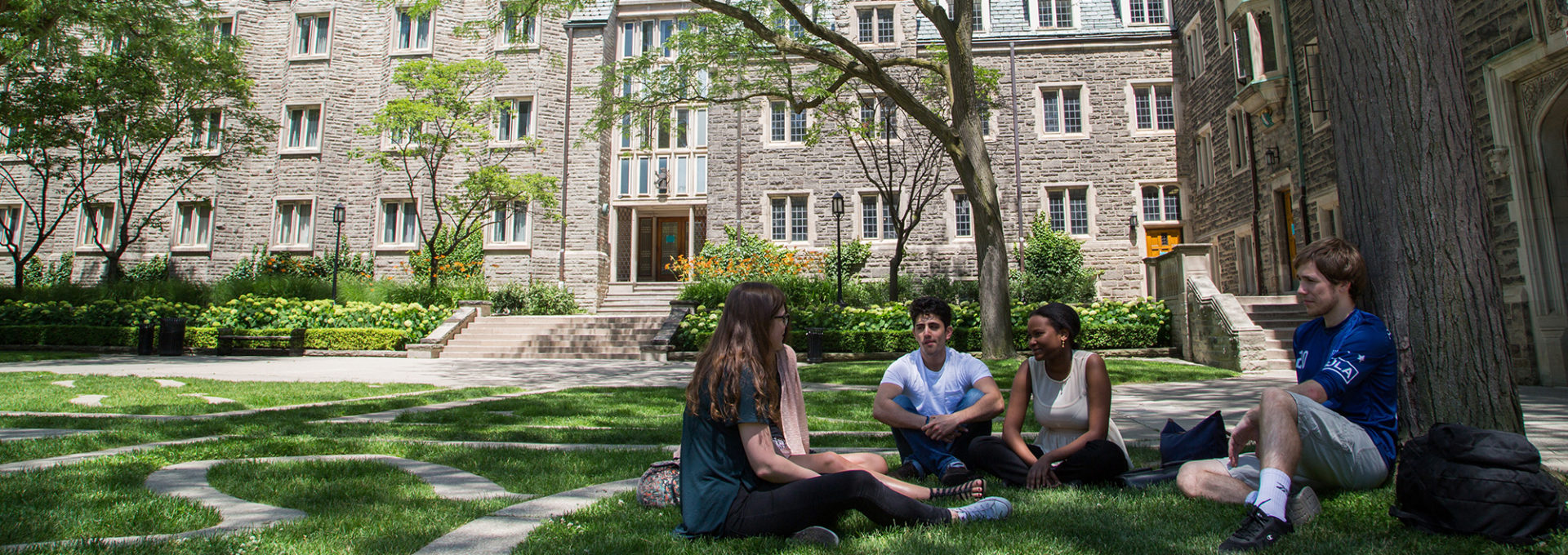Students sitting under one of the honey locus trees in the Quad
